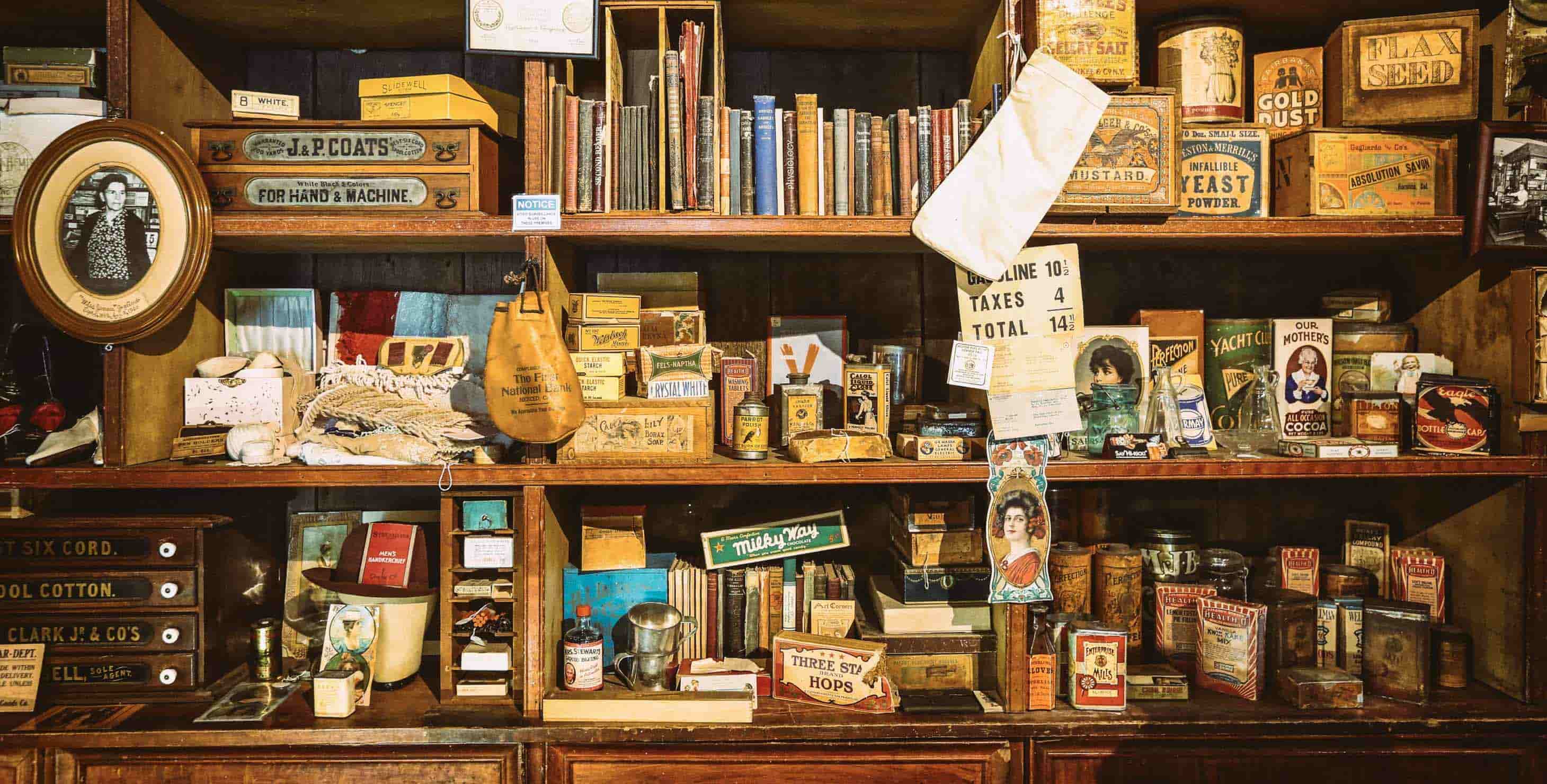A wall of products in an antique store
