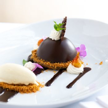 Chocolate dessert on a white plate